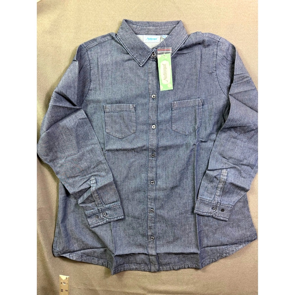 National Women Denim Button Down Shirt Blue Long Sleeve Cotton 1X New #22787